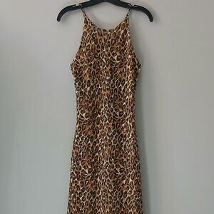 VTG 1990s Hampton Nites Sz 12 Cheetah‎ Print Chiffon Cocktail Maxi Dress Lined